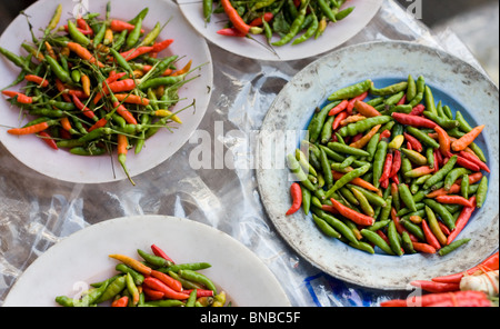 Plates of colourful green and red hot chillies in a market in Bangkok, Thailand Stock Photo