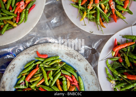 Plates of colourful green and red hot chillies in a market in Bangkok, Thailand Stock Photo