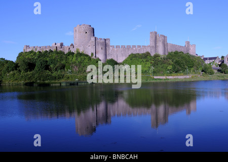 Pembroke Castle on the banks of the Cleddau Estuary Pembrokeshire Wales Cymru UK GB Stock Photo