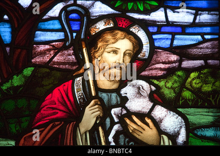 Detail of Jesus the good shepherd from a selection of religious stained glass. Found in St. Paul's Anglican Church, Halifax, NS Stock Photo