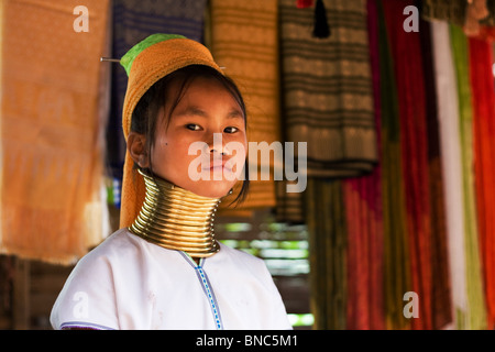 Young girl from the Padaung long neck hill tribe, Tha Ton, Chiang Mai Province, Thailand Stock Photo