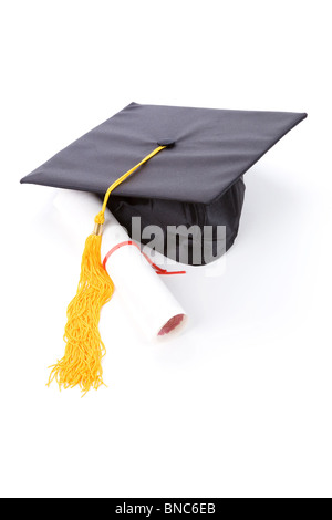 Graduation Hat and Diploma Isolated on White Background Stock Photo - Alamy