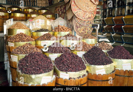 Dried hibiscus flowers, herbs and spices for sale in the spice market, Aswan, Upper Egypt Stock Photo