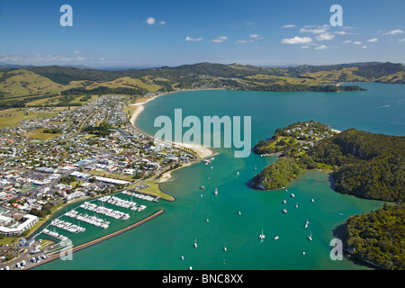 Marina, Whitianga Harbour, Whitianga, Coromandel Peninsula, North Island, New Zealand - aerial Stock Photo