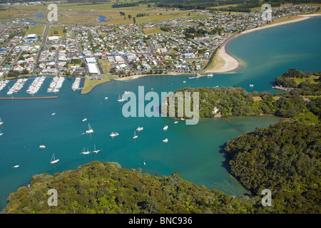 Whitianga Harbour, Whitianga, Coromandel Peninsula, North Island, New Zealand - aerial Stock Photo