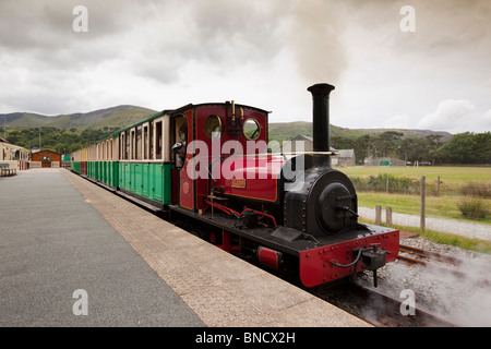 UK, Wales, Snowdonia, Llanberis, Lake Railway Station, steam train Elidir leaving the station Stock Photo