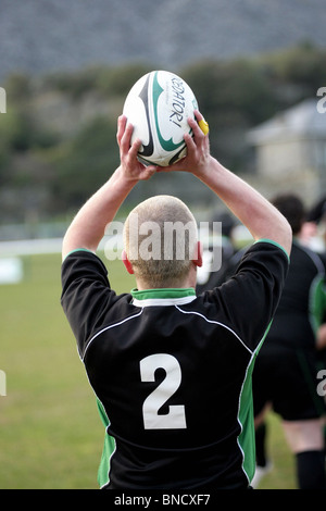 A player throws in the ball during a 'line out' at a rugby match. Stock Photo