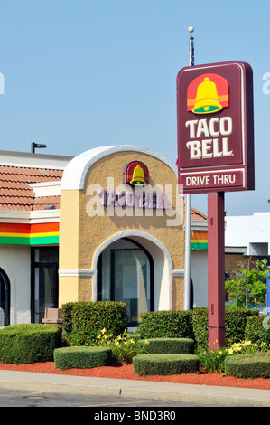 Exterior of Taco Bell fast food restaurant with sign  and logo. USA Stock Photo