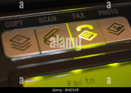 Control panel on a multifunction or All-In-One printer indicating selection of the fax option. Stock Photo