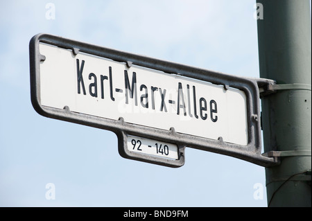Detail of street sign on historic Karl Marx Allee in Berlin Germany