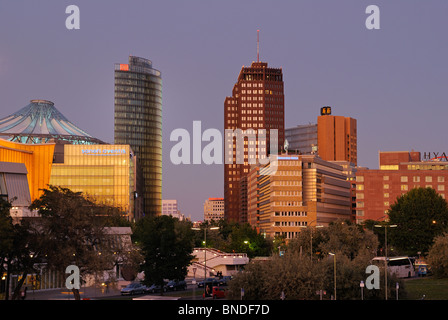 Potsdamer Platz, skyline at sunset seen from the Kulturforum, with Sony Center, high-rise buildings and Hyatt Hotel,  Berlin. Stock Photo