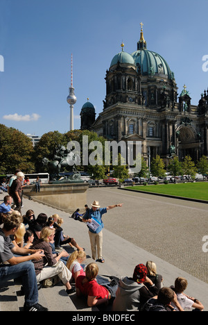 Berlin Cathedral and TV Tower from the steps of the Altes Museum, tourist group and guide, Berlin Mitte, Berlin, Germany, Europe Stock Photo