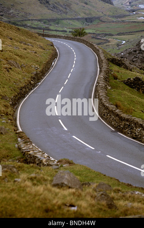 UK, Wales, Gwynnedd, Snowdonia road winding through Llanberis Pass Stock Photo
