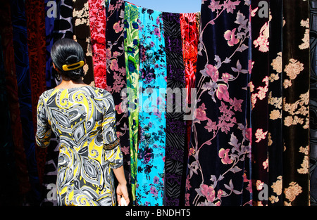 Colourful displays in the Fabric Market, Sunday Market, Ashgabat, Turkmenistan Stock Photo