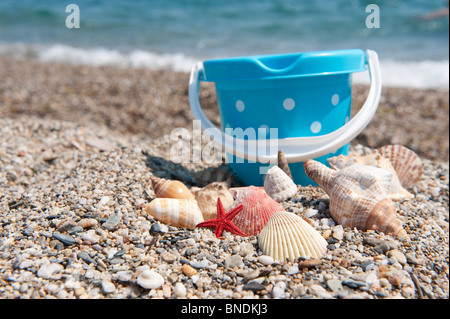 Beach with bucket and shells in the sand Stock Photo