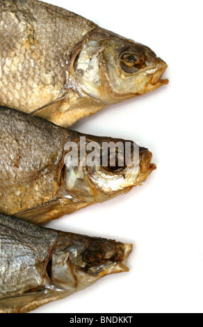 Dried salty fishes isolated on white background Stock Photo