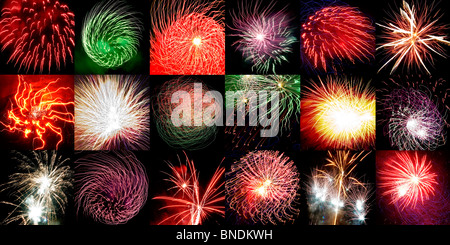 Multiple image x 18 - horizontal montage of Firework bursts - France. Stock Photo