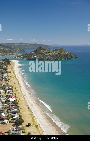 Pauanui Beach, and Paku Hill, Coromandel Peninsula, North Island, New Zealand - aerial Stock Photo