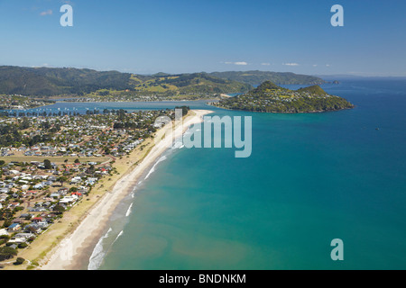 Pauanui Beach, and Paku Hill, Coromandel Peninsula, North Island, New Zealand - aerial Stock Photo