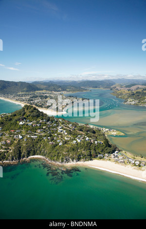 Paku Hill, Pauanui and Tairua Harbour, Coromandel Peninsula, North Island, New Zealand - aerial Stock Photo