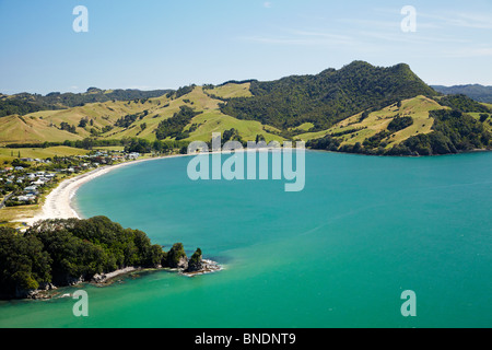 Wharekaho Beach, Whitianga, Coromandel Peninsula, North Island, New Zealand - aerial Stock Photo