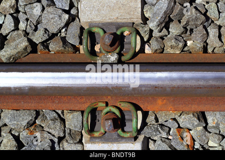 iron rusty train railway detail over dark stones rail way Stock Photo