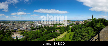Panoramic  View from Edinburgh Castle, over Princes Street and Princes Street Gardens, Edinburgh, Scotland Stock Photo