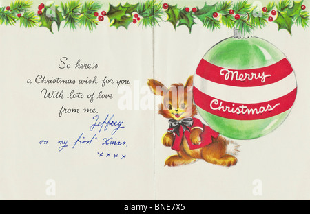 TO MOTHER AT CHRISTMAS inside of Hallmark Xmas card from 1950s to a mother from her son on his first Christmas, cover is BNE7WA Stock Photo