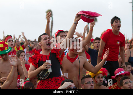 Spanish soccer fans cheer for their team at a public viewing in Las Palmas Gran Canaria. Stock Photo