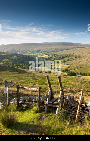 Looking down Dentdale from Whernside pastures, with a stile over a stonewall. Cumbria Stock Photo