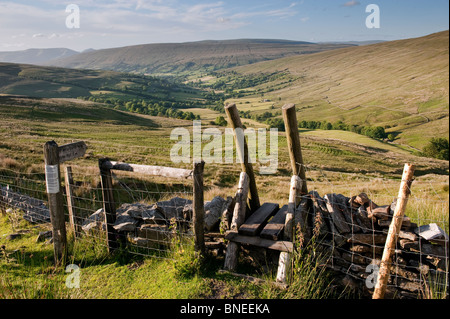 Looking down Dentdale from Whernside with a stile over a stonewall in the foreground. pastures Stock Photo