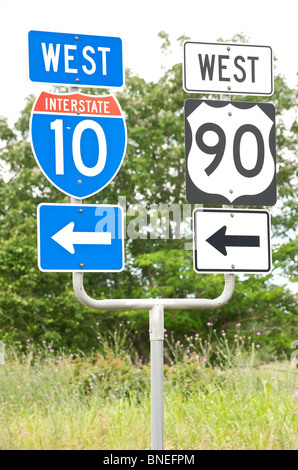 Interstate west road sign in Texas, North America, USA Stock Photo