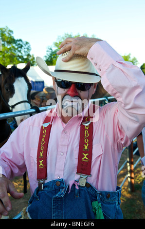 Rodeo Cowboy member of PRCA posing as clown in Smalltown, Bridgeport, Texas, USA Stock Photo