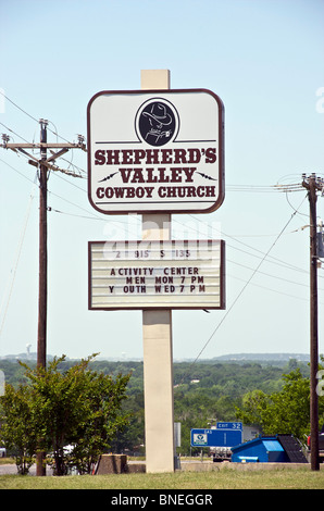 Cowboy Church Road sign, Bible belt, Texas, USA Stock Photo