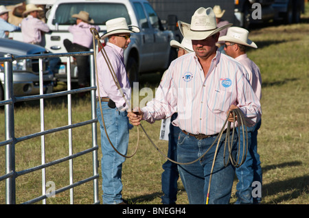Cowboy members of PRCA gathered for rodeo event in Bridgeport, Texas, USA Stock Photo