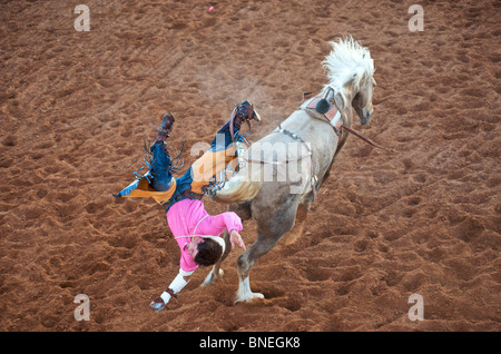 Rodeo cowboy member of PRCA falling down from the back of horse in Smalltown Bridgeport, Texas, USA Stock Photo