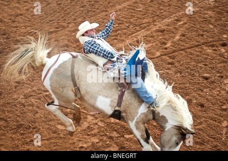 Rodeo cowboy member of PRCA balancing himself on horse Smalltown Texas Bridgeport, USA Stock Photo