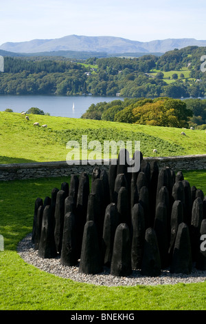 Black Dome by David Nash (2009) at Blackwell House with lake Windermere in the background Stock Photo
