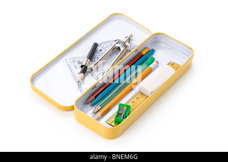 Metal pencil case with white background Stock Photo