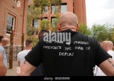 Marines who are students work out during the Marine Platoon Physical Training at the University of Arizona, Tucson, AZ, USA. Stock Photo