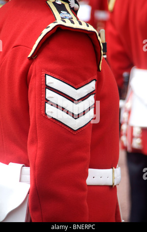 Trooping the Colour 12th June 2010 Detail of guardsman's uniform - three white chevrons on red sleeve London England UK Stock Photo