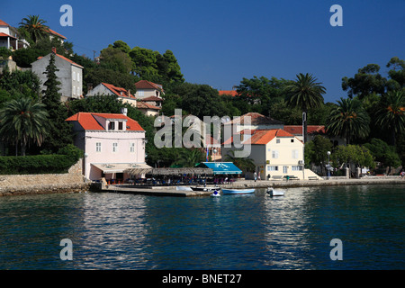Waterside bars Donje Celo harbour harbor Kolocep South Dalmatia Croatia croatian Elaphite Elafiti islands near Dubrovnik Stock Photo