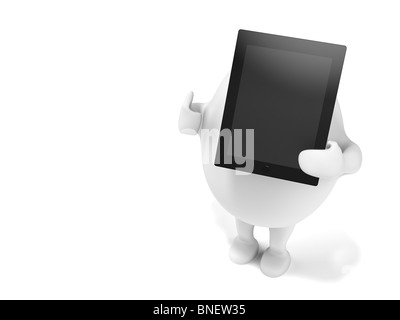 3D illustration of a cartoon egghead character holding a tablet computer and showing thumbs up. Isolated on white background. Stock Photo