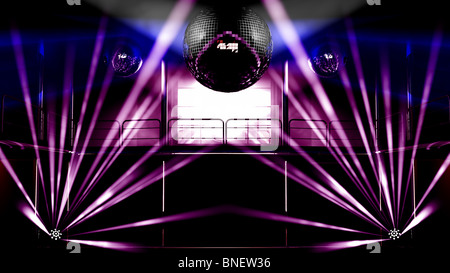 Night club interior with colorful spot lights, lasers and shining mirror disco balls artistic light show Stock Photo