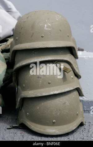 Helmets stacked ready on the deck of a US Navy Destroyer Stock Photo
