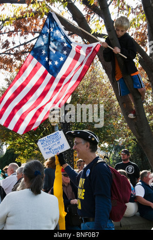 A boy in a tree waving a 911 flag above Tea Party protesters. Protesting against the health care law. Stock Photo