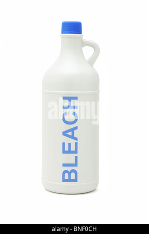 Plastic bottle of household bleach on white background