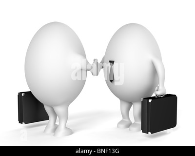 Two businessmen characters with a briefcases shaking hands. 3D illustration isolated on white background. Stock Photo