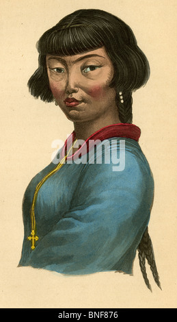 1842 hand-colored engraving from Dr. Prichard's Natural History of Man, 'Woman of the Aleutian Islands.' Stock Photo