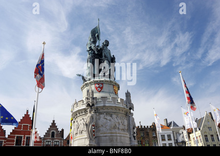 Statue of Jan Breydel and Pieter de Coninck in Market Square, Bruges, Belgium Stock Photo